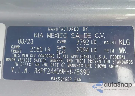 2023 Kia Forte Lxs z USA, uszkodzony, nr VIN 3KPF24AD9PE678390